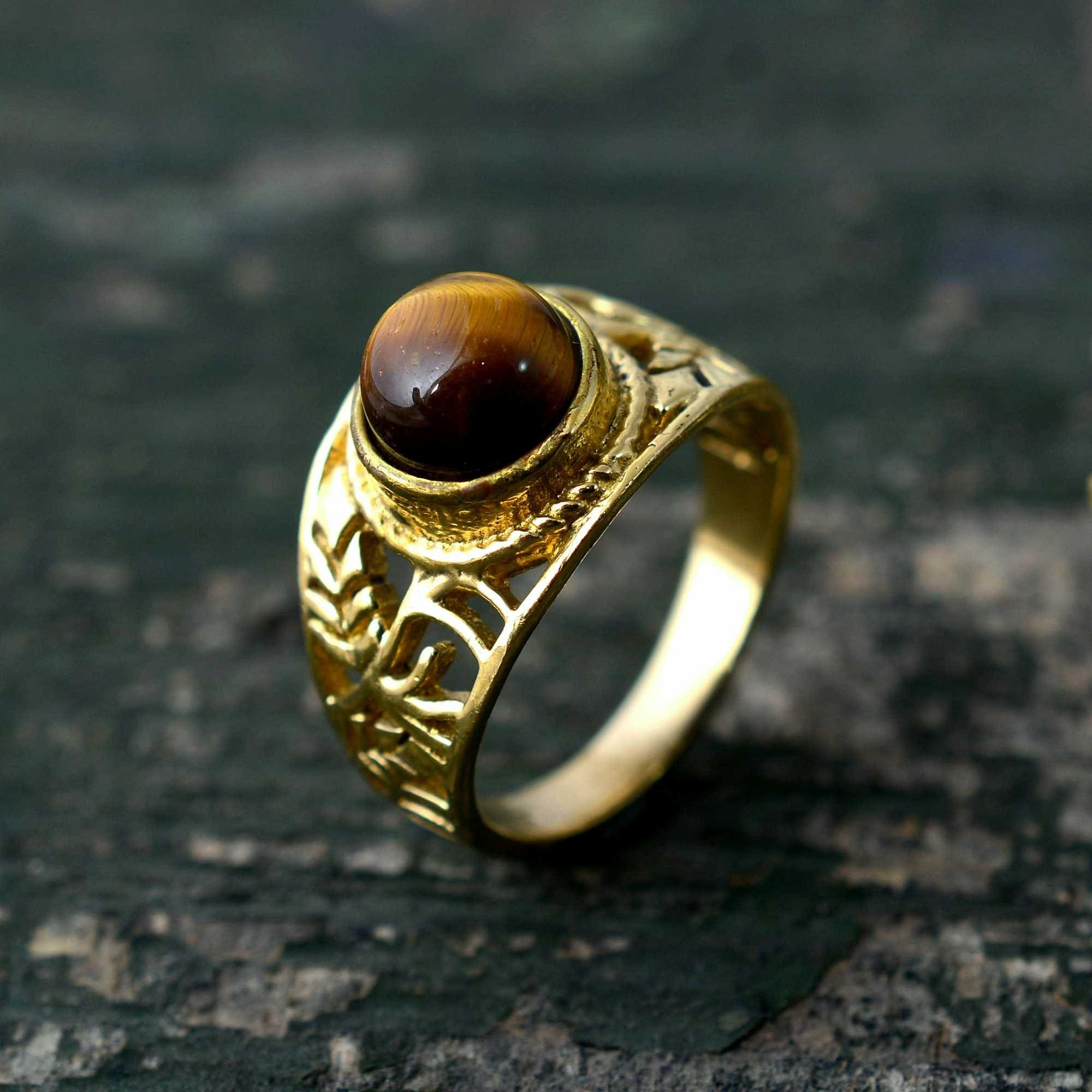 Tiger Eye Ring in Antique Brass Real Gemstone brass ring Etsy