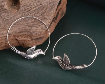 Small Bird Hoop Earrings, Sweetly Minimal Bird Earrings | Cute Bird Charm Earrings | Simple Birds on a Circle Hoop | Nature Jewelry