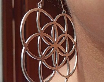 Silver Seed of Life Hoop Earrings: Sacred Geometry Jewelry