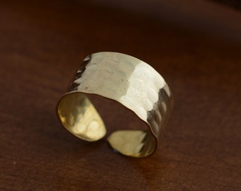 Wide Brass Band Ring: Hammered Gold Style Wedding Band