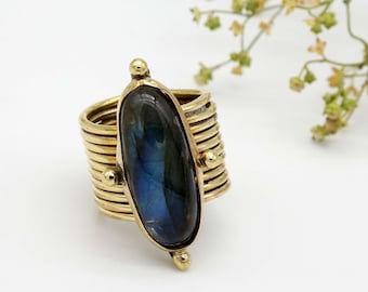 Labradorite Brass Ring: Wide Band Statement Ring