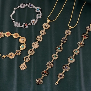 Handmade 7 Chakras Jewelry Set, Bracelet and Pendant, Sevan Chakra Jewelry, Gift for Yogi, Sacred Geometry Jewelry, Healing Stones, Sale,