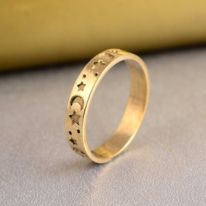 Moon & Star Engraved  Ring , Band Ring , Thumb Ring  , Gold Brass Ring