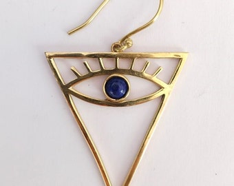 Pendientes Triangle Evil Eye, Pendientes protectores de oro, pendientes hechos a mano, pendientes minimalistas, pendientes Charm Drop.