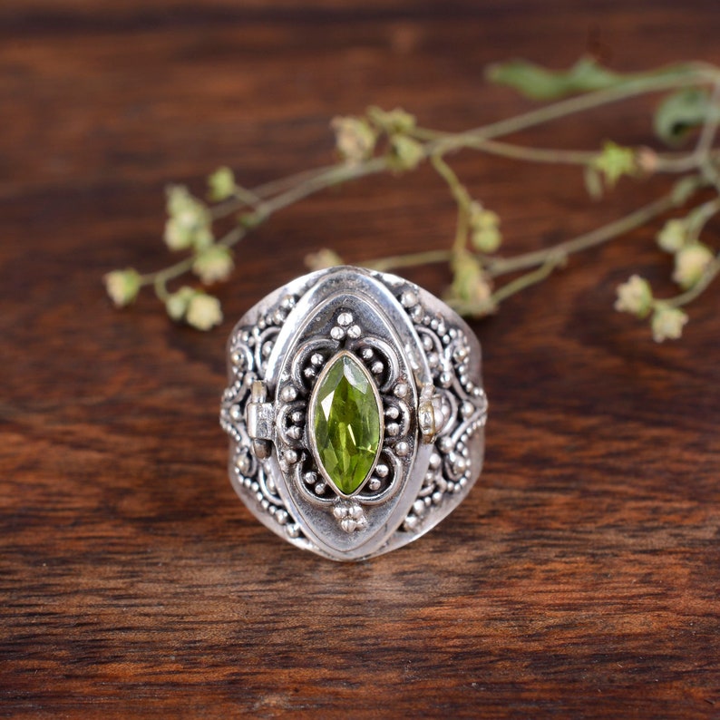 Openable Poison Ring Secret Message Ring.,Mothers Day Gift 925 Sterling Silver Plated Handmade Ring Natural Peridot Poison Ring