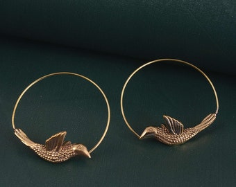 Flying  Bird Hoop Dark Antique Brass Earrings, Large Lightweight Hoop Earrings, Valentine Day Gifts, Animal lover Earrings.