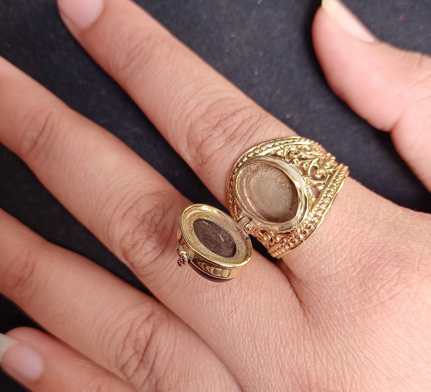 Black Obsidian Brass Poison Ring, Boho Pill Box - Etsy