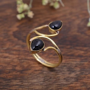 Handmade Brass Dual Onyx Ring: Adjustable Minimalist Design