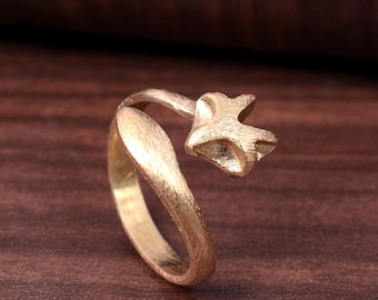 Handmade Gold Plated Fox Ring: Adjustable Brass Animal Jewelry