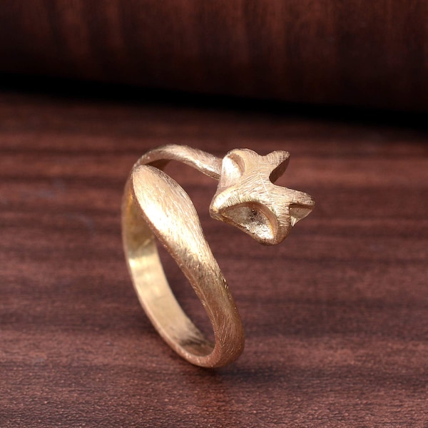 Anillo de zorro chapado en oro hecho a mano: joyería de animales de latón ajustable