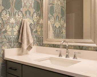 Sage Green Floral Wallpaper William Morris Inspired, Art Nouveau Wallpaper Peel and Stick, Bathroom Wallpaper Mural Vintage Style Victorian