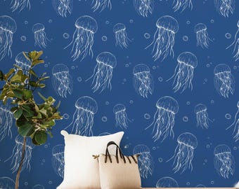 Funky Wallpaper for Bathroom Decor, Blue Jellyfish Wallpaper Removable, Ocean Themed Wall Decor Peel and Stick Wallpaper Coastal