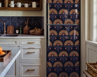 Envoltório de geladeira com girassóis florais, decoração de cozinha faça você mesmo, Envoltório de geladeira de vinil removível e adesivo, Envoltório de geladeira escuro estilo boho, decoração de casa para locatários