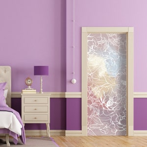 Peonies Stained Glass Mural for Door, Window Wall Fridge Sticker Peel and Stick Cover Self-adhesive Decal Wrap Door Mural Front Door RD19