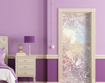 Mural de vitrales de peonías para puerta, ventana, pared, refrigerador, adhesivo autoadhesivo, cubierta despegable, calcomanía para puerta de entrada RD19