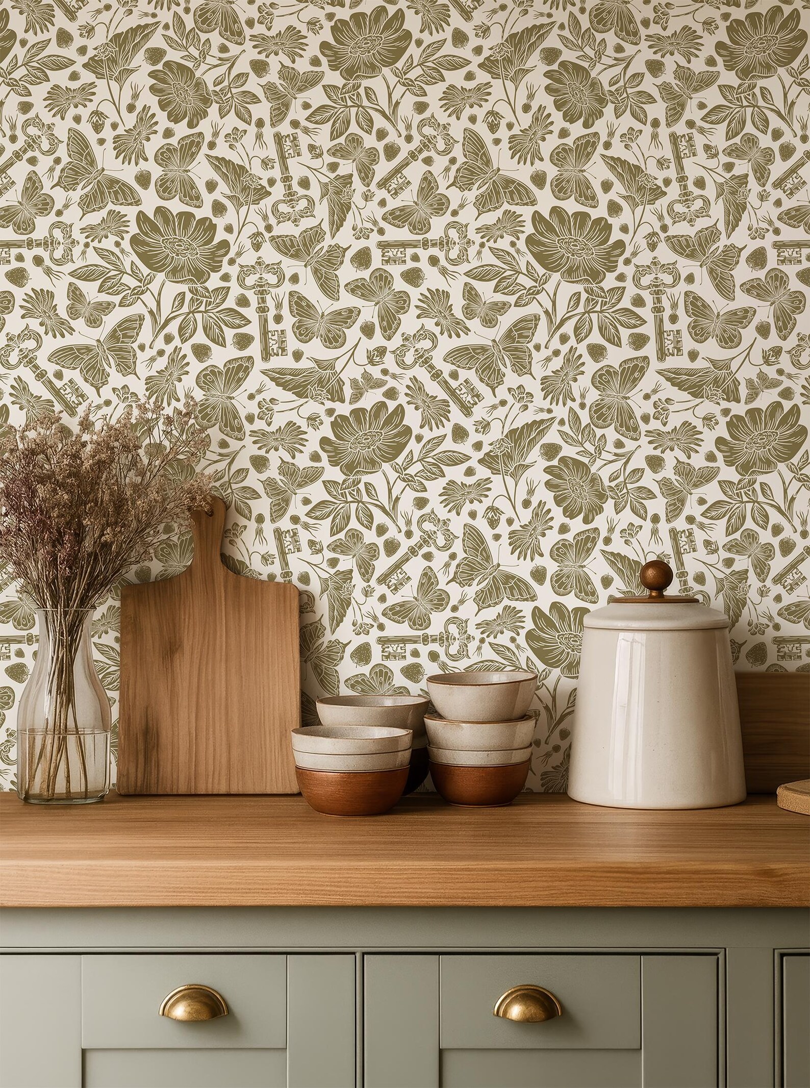 Olive Green Floral Wallpaper, Laundry Room Wallpaper Botanical Vintage ...