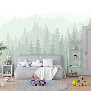 Carta da parati astratta foresta montagna per la stanza dei ragazzi, tema bosco, murale per la cameretta dei bambini, carta da parati verde chiaro per la camera da letto VO39
