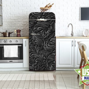 Dark Modern Fridge Wrap,  Peel & Stick Self Adhesive Fridge Sticker, Boho Kitchen Decor, Vinyl Refrigerator Skin