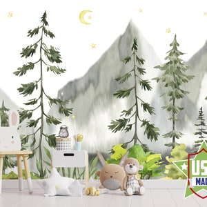Carta da parati di montagna per l'asilo nido, Acccent Forest Wall Mural rimovibile, Carta da parati a tema Woodland Self Adhesive Peel & Stick VO5