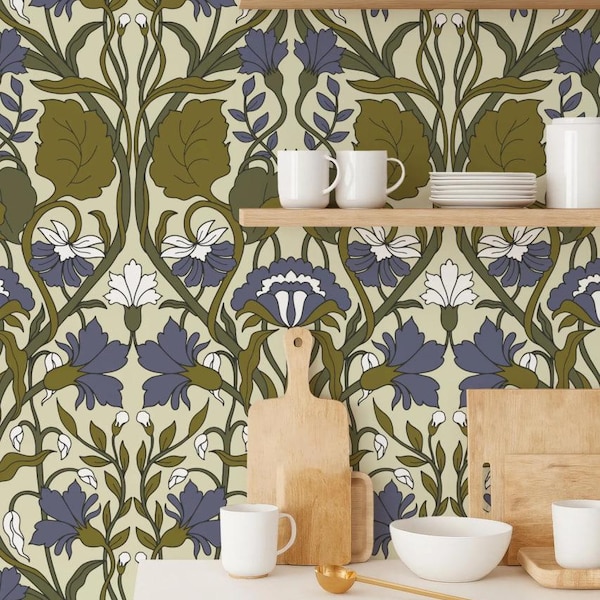 Vintage Floral Wallpaper Peel and Stick, Art Nouveau Botanical Wallpaper, Green Blue Flower Wall Mural, Removable Kitchen Decor