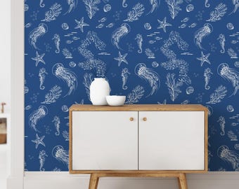 Nautical Wallpaper Perfect for Bathroom Decor, Blue Ocean Wallpaper Removable, Coastal Bathroom Wallpaper Sea Creature