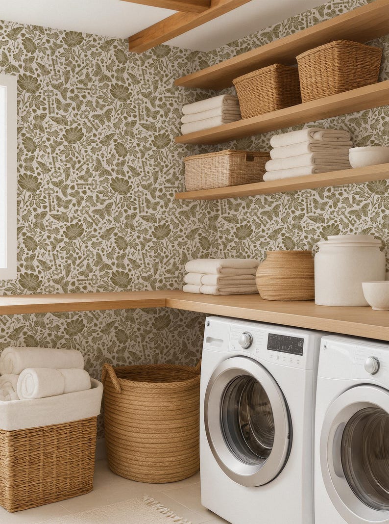 Olive Green Floral Wallpaper, Laundry Room Wallpaper Botanical Vintage ...