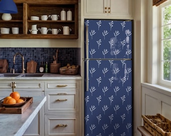 Fridge Wrap Navy Floral, Peel & Stick Vinyl Refrigerator Skin for Kitchen Decor, Fridge Decals Modern Floral, Kitchen kitchen
