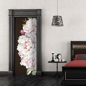 Dark Floral Peony Flower Decal Door Mural, Peonies  Fridge Sticker Peel and Stick Cover Self-adhesive Decal Wrap Door Mural Front Door RD28
