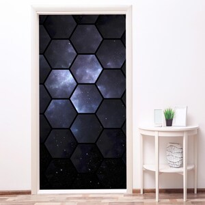 Space Hexagonal Door Mural Boy Nursery, Honeycomb Geometric Sticker Door, Fridge Sticker Peel & Stick Cover, Self-adhesive Wrap Door RD27