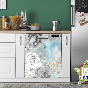 Dishwasher Machine Vinyl Stickers, Blue Peonies Flower Decal,  Peel & Stick Self Adhesive  Dishwasher Wrap, Kitchen Decor Removable WM40