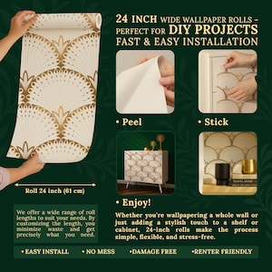 The image is a collage of four images showing the installation process for 24-inch wide wallpaper rolls for DIY projects. It includes a hand holding the roll, a hand sticking it on a wall, a hand peeling it, and a hand sticking it on a wall. The images provide step-by-step instructions for installing the wallpaper, highlighting the ease of installation, no mess, and damage-free nature of the product.