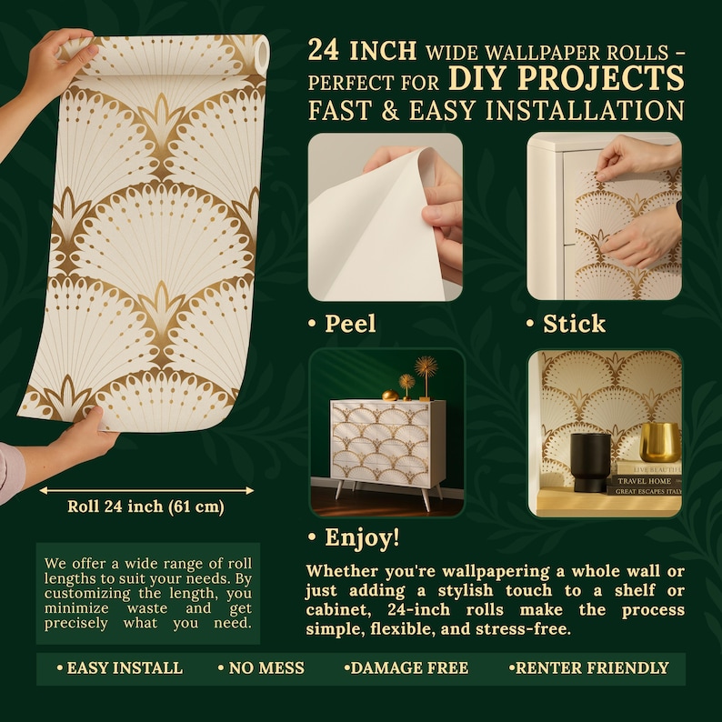 The image is a collage of four images showing the installation process for 24-inch wide wallpaper rolls for DIY projects. It includes a hand holding the roll, a hand sticking it on a wall, a hand peeling it, and a hand sticking it on a wall. The images provide step-by-step instructions for installing the wallpaper, highlighting the ease of installation, no mess, and damage-free nature of the product.