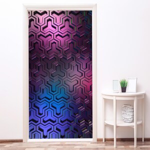 Blue Geometric Print Door Decal Boy Nursery, Hexagon Print Fridge Sticker Peel and Stick Cover Self-adhesive Decal Wrap Door Mural RD23