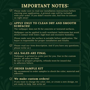 important notes for a product, likely a wallpaper or paint, with instructions for proper application and customer service.