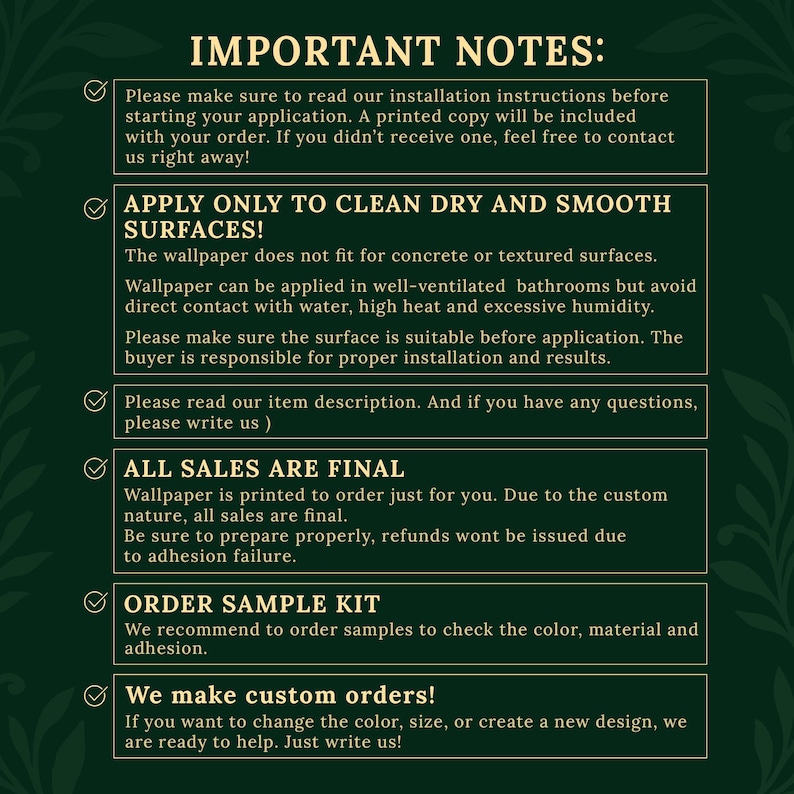 important notes for a product, likely a wallpaper or paint, with instructions for proper application and customer service.