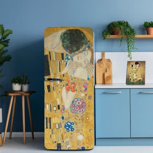 Klimt The Kiss Oil Painting Fridge Wrap, Vintage Art Fridge Wrap, Vinyl Refrigerator Skin for Kitchen Decor, Refrigerator wrap