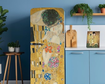 Klimt The Kiss Oil Painting Fridge Wrap, Vintage Art Fridge Wrap, Vinyl Refrigerator Skin for Kitchen Decor, Refrigerator wrap