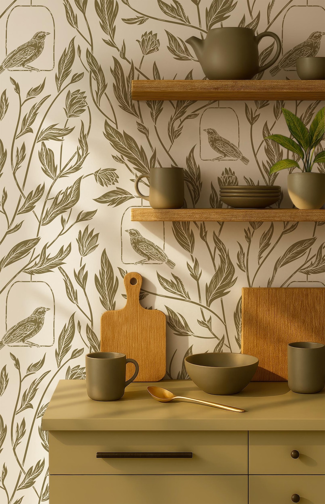 Rustic Botanical Wallpaper, Olive Green Vintage Bird Floral Wallpaper ...
