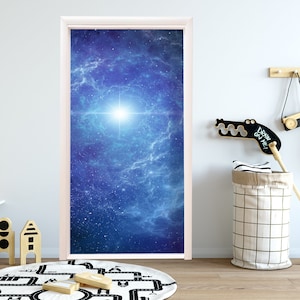 Stars, Space, Galaxy Door Mural Boy Nursery, Honeycomb Geometric Sticker Door, Fridge Sticker Peel & Stick Cover, Self-adhesive Wrap  RD113
