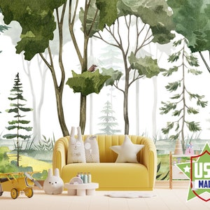 Carta da parati Woodland per camera da letto per bambini, Murale acccent rimovibile per asilo nido, Carta da parati per sala giochi forestale Self Adhesive Peel & Stick VO7