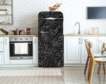 Dark Modern Fridge Wrap,  Peel & Stick Self Adhesive Fridge Sticker, Boho Kitchen Decor, Vinyl Refrigerator Skin