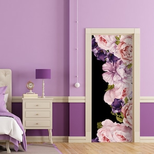 Peonies Door Mural, Dark Peony Flower Window Wall Fridge Sticker Peel & Stick, Floral Cover Self-adhesive Decal Wrap Mural Front Door RD4