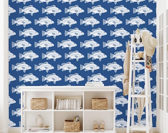 Nautische Tapete Perfekt für Funky Badezimmer Dekor, Blaue Ozean Tapete Entfernbar, Küstenbadezimmer Tapete Fisch