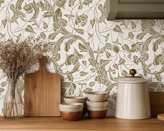 Sage Green Wallpaper Peel and Stick, Green Floral Wallpaper for Rustic Kitchen Decor, Botanical Removable Wallpaper: Neutral Farmhouse Decor