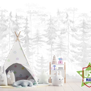 Grey Pine Forest Wallpaper for Baby Boy Girl Room, Woodland Neutral Nursery Wall Mural Remove, Unisex Pastel Wallpaper Bedroom Adhesive VO18