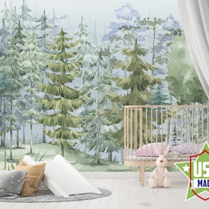 Carta da parati forestale Acquerello per camera da letto per bambini, carta da parati di montagna Murale rimovibile, Woodland Nursery Self Adhesive Peel and Stick VO2