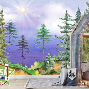 Carta da parati Blue Forest Watercolor per la cameretta del bambino, murale neutro per la cameretta dei bambini, rimovibile, carta da parati pastello per la camera da letto VO14