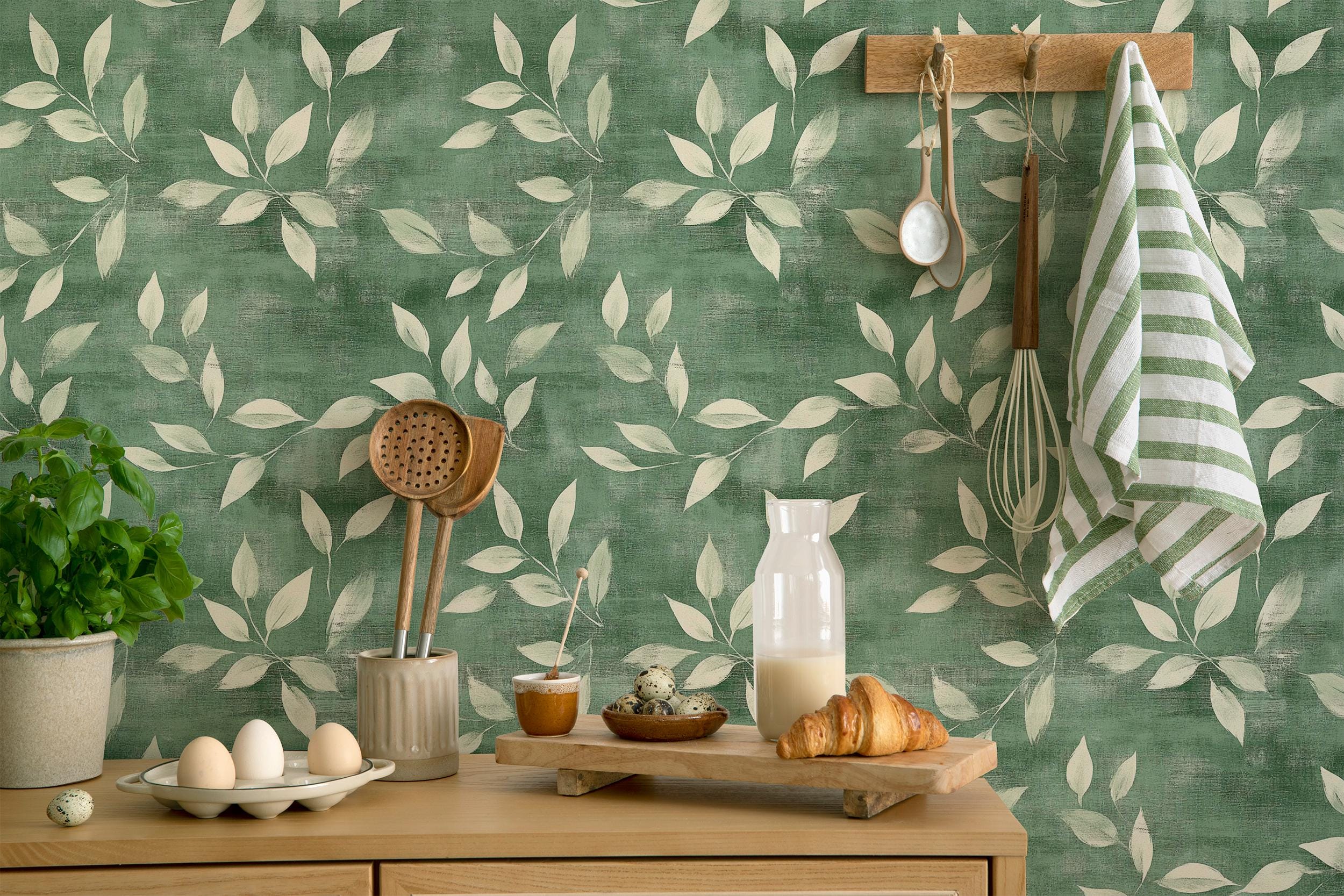 Sage Green Botanical Wallpaper Peel and Stick, Rustic Home Decor Green ...