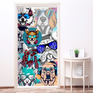 Pop Art Dog Sticker Door Nursery, Graffity Dogs Decor Kids Room, Abstract Mural Removable Front Doors, Bedroom Adhesive Decal Wrap RD413