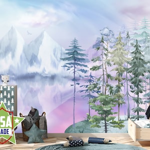 Carta da parati rosa sfumata Mountain per la camera da letto della neonata, murale decorativo Forest per la cameretta dei bambini, carta da parati adesiva Woodland Watercolor Peel & Stick VO13